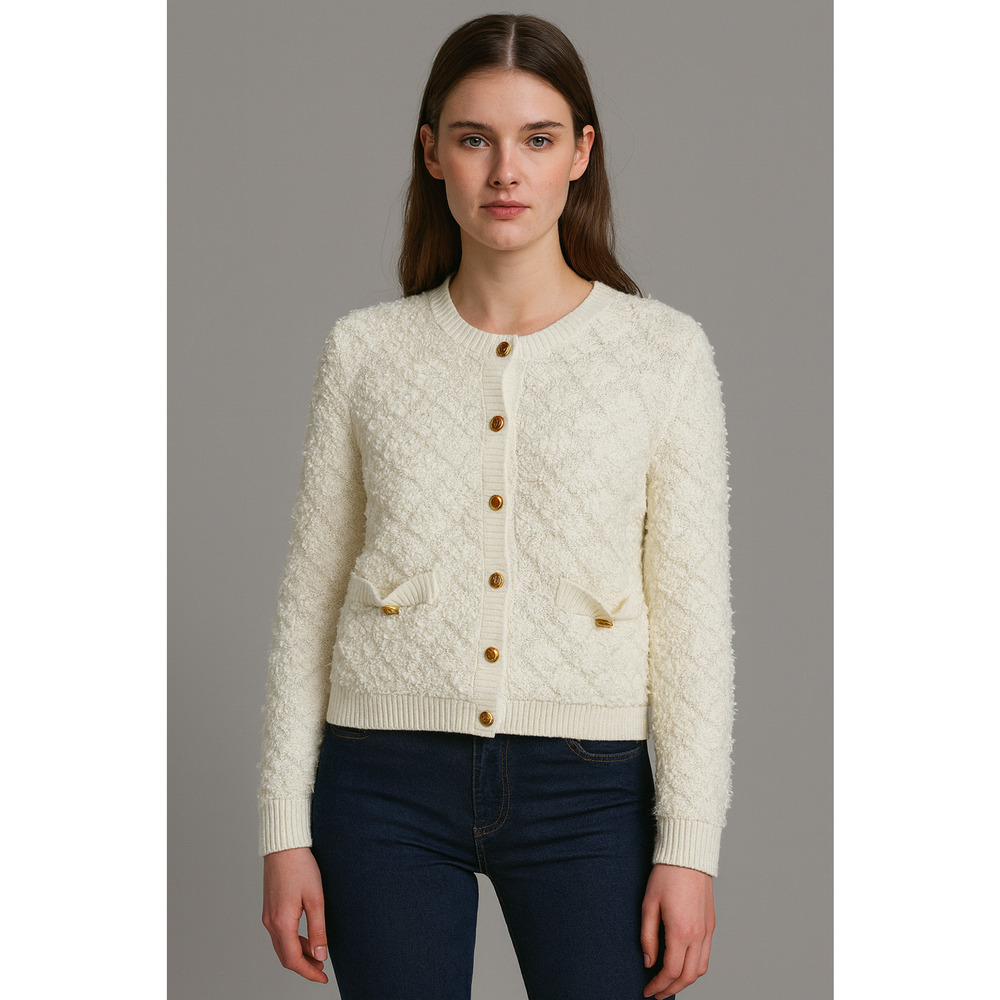Urban Revivo Sweater Womens 10 White Cropped Tweed Knitted‎ Cardigan Preppy Boho
